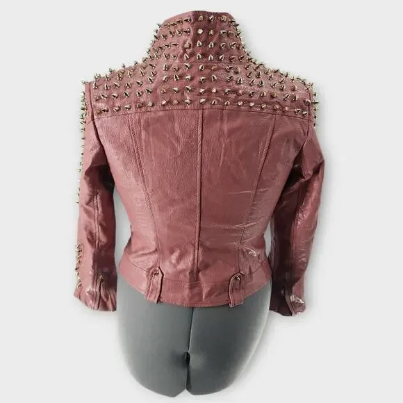 SX Honey Pot Spiked Jacket Womens S Faux Leather Baby Pink Belted Punk Moto NWT - Picture 6 of 10